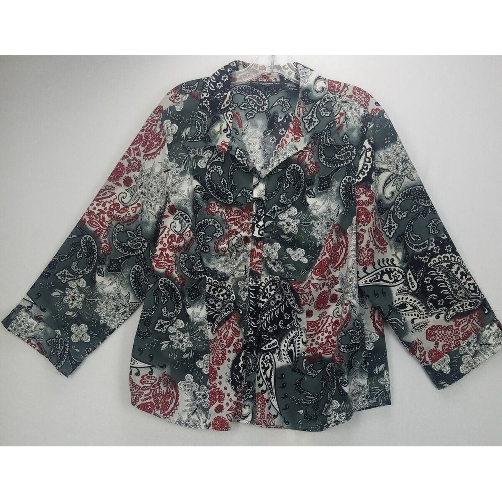 Blue Diamond Top Womens SZ 20 W Plus Stretch Paisley  Black White Red Gray